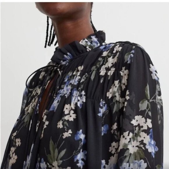 H&M Size S Ruffled Floral Chiffon Maxi Dress, Blue with Floral Pattern, NEW - Picture 15 of 16